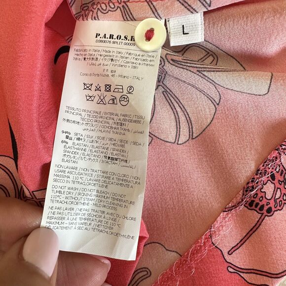P.A.R.O.S.H. Womens Feminine Floral Pink Button Up Short Sleeve Silk Blouse Sz L - Picture 13 of 15